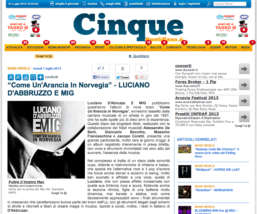 Recensione dell’album “Come un’arancia in Norvegia” su Cinquequotidiano.it