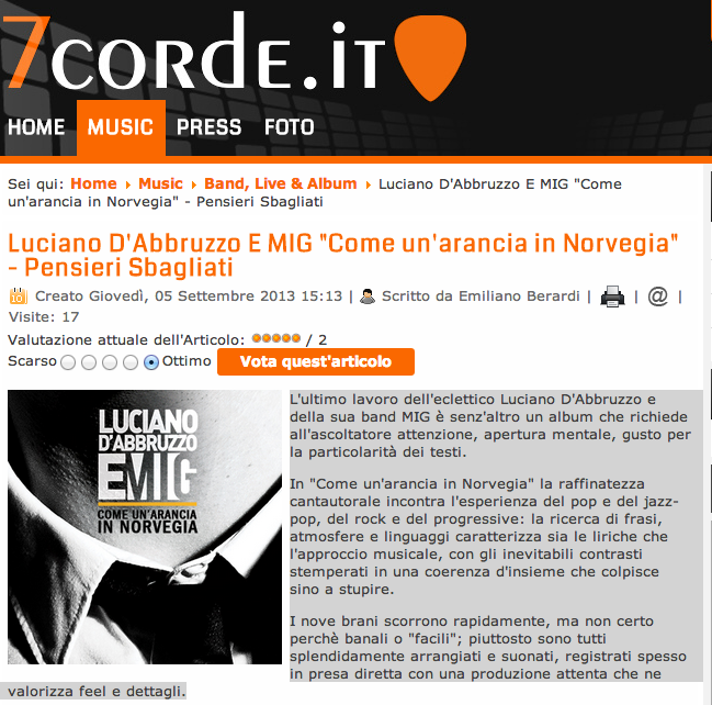 Recensione dell’album “Come un’arancia in Norvegia” su 7corde.it